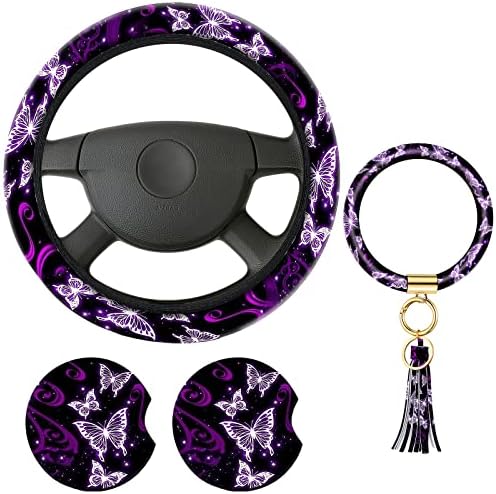 כיסוי גלגל ההגה של פרפר אביזרי רכב נשים עם כרית כוס מכונית וצמיד מפתחות פרפרים עיצוב עיצוב נוחות אחיזה כיסוי