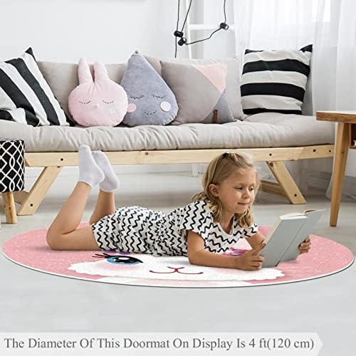 Llnsupply ילדים שטיח 4 רגל שטיחים באזור עגול גדול לבנות בנים תינוקת - ארנב לבן חמוד עם רקע ורוד זר,