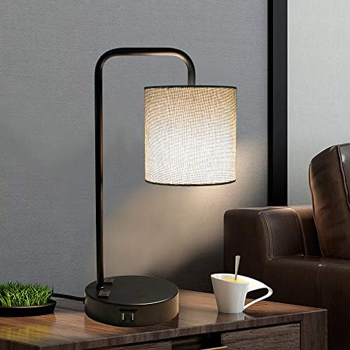 LEAGELITE מנורת שולחן בקרת מגע תעשייתית עם צל, 2 יציאות טעינה USB ושני חנויות חשמל, מנורת שידת לילה