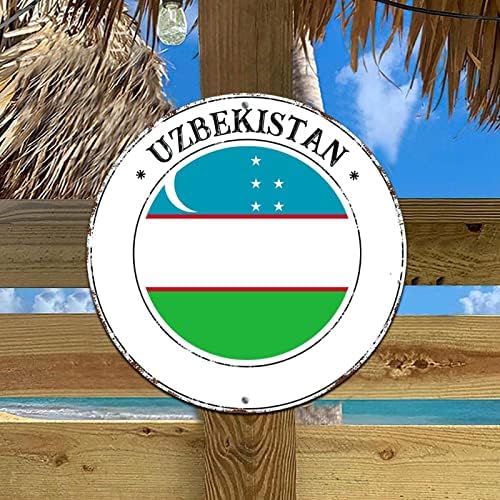 אוזבקיסטן אלומיניום מתכת עגול שלט פח עגול אוזבקיסטן דגל לאומי שלטי זר מתכת שלטי מדף דקור כפרי בסגנון חלודה חרטה