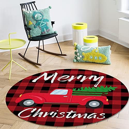 שטיח שטח עגול גדול לחדר שינה בסלון, שטיחים 5ft ללא החלקה לחדר ילדים, חג שמח משאית אדומה אדומה שחורה אדומה