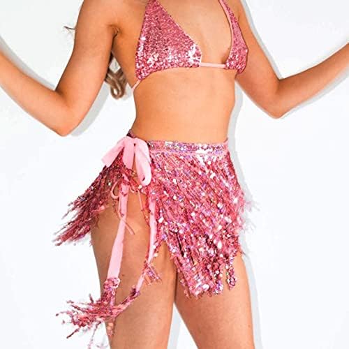 Sttiafay ריקוד בטן צעיף ירך עם גדילים נצנפים עוטפים חצאיות נלהבות של מסיבת תלבושות לנשים ורוד
