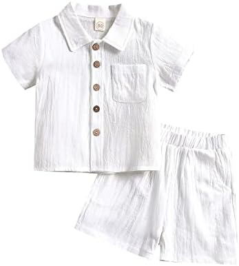 שיבוזי פעוט בגדים לבגדי תינוקות הגדר חולצה מכופתרת חולצה + מכנסי פשתן כותנה תלבושת קיץ 2 יחידות עם כיסים