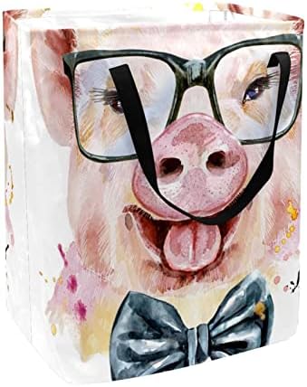 חזיר עם הדפסת עניבת פרפר מזכוכית סל כביסה מתקפל, סלי כביסה עמידים למים 60 ליטר אחסון צעצועי כביסה לחדר שינה