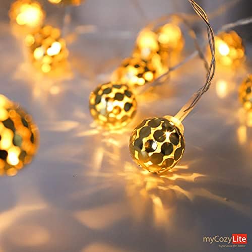 אורות מיתר מיתר מיתר מיתר מיתרים של Mycozylite LED, 20 גלובוס זהב נוצץ, מיתר אורות חמוד עם טיימר, 10ft,