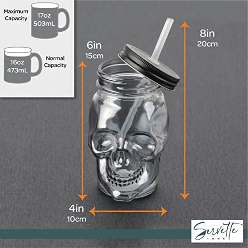 כוסות שתייה מזכוכית בצורת גולגולת עם מכסה וסט קש של 4-אפור מעושן 16 עוז