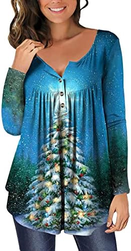 עץ חג המולד של ניאון חולצות טי לנשים כפתור אופנה למעלה חולצת הנלי לבוש מזדמן גבוה קפלים תחתונים קפלים