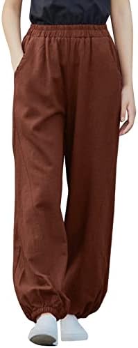 מכנסיים מזדמנים של Sutwoen Womens 2023 קיץ אלסטי מותניים גבוהים כותנה פשתן מכנסיים רופפים בכושר מכנסי