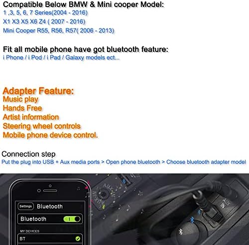 Bojer Wireless Bluetooth מתאם כבל תואם ל- BMW Mini Cooper USB AUX 3.5 Integration Integration Intect