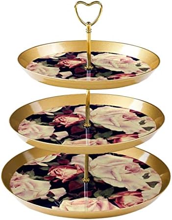 3 קומות עוגת דוכן, פרחוני דפוס עם ורדים בצבעי מים קינוח תצוגת מגדל, פלסטיק עגול הקאפקייקס מחזיק מגש הגשה