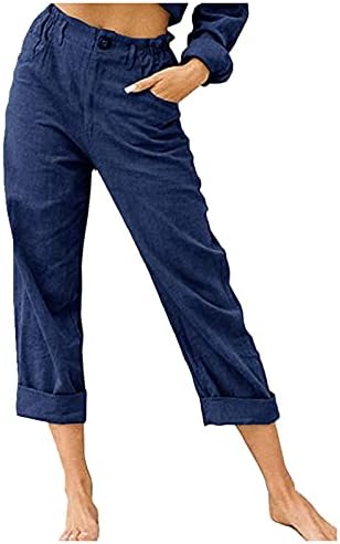 מכנסי פשתן כותנה לנשים גליל מותניים גבוה מכנסי קיץ מכנסי קיץ מוצקים קצוצים רגל רחבה קפריס חוף מכנסיים