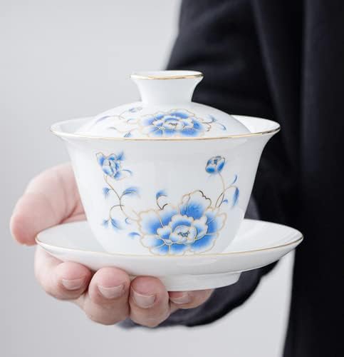 Emoyi White Gaiwan Teapup 4oz Lotus סיני Kung Fu Sancai מגש כוס תה סט קערה עם מכסה, 100 מל, KK-544