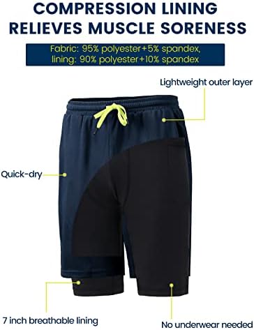 גברים של 2 ב 1 אימון מכנסי ריצה עם דחיסת אוניית כושר יבש ספורט כושר פעיל מכנסיים קל משקל 7 אינץ