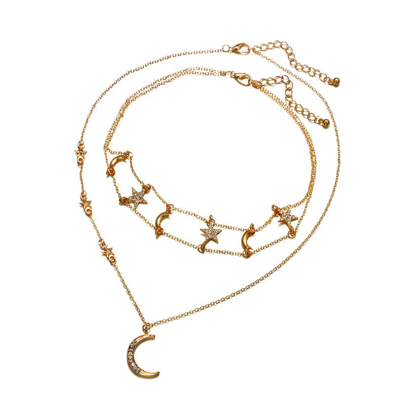 ירח וכוכבים עם שרשרת שכבות תליון קריסטל ושרשרת זהב אסתטית תכשיטים מותאמים אישית אופנה שרשרת קולר
