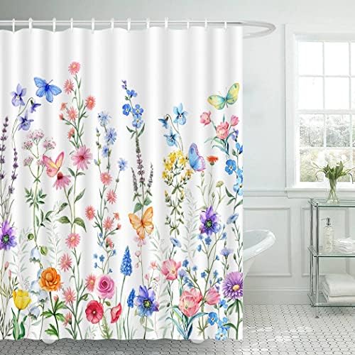 ערכת וילון מקלחת פרחים פרחים פרחוניים צבעוניים, פרפר פרחים פרחים צמחים וילונות מקלחת פוליאסטר אטומים למים עם