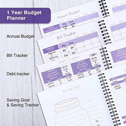 ספר מתכנן תקציב חודשי עם 12 כיסים להכנסות, חוב, חיסכון, הוצאות ומארגן מעקב אחר שטרות, סגול, עיצוב