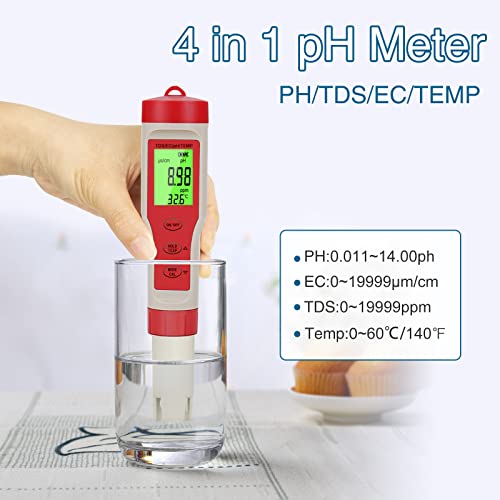 PH טסטר דיגיטלי, 4-in-1 PH מד TDS EC זמנית ±0.1 pH דיוק איכות מים הבוחן עם ATC, ניכוי מס במקור