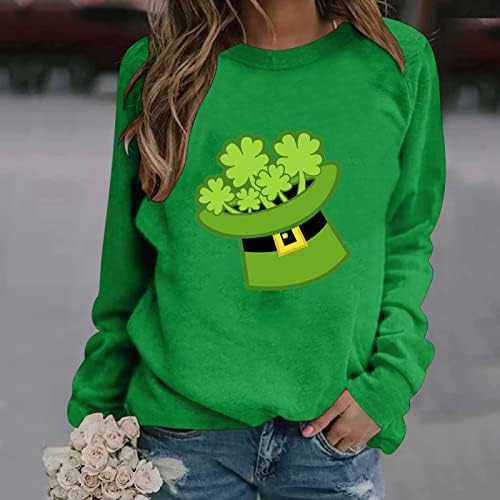IIUS GREEN SAINT SAINT PATRICK DAY חולצות חולצות לנשים שרוול ארוך O סווטשירטים ירוקים ארבעה תלתן עלים סוודר