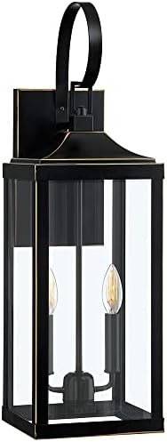 מנורת 2-אור חיצוני קיר אור, שחור חיצוני פמוט קיר פנס עם זהב לחיתוך, 25.7 גדול מסורתי חיצוני מרפסת