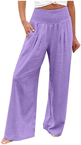 נשים גבוהה מותן קפלים כותנה פשתן מכנסיים רופף מזדמן רחב רגל מכנסיים מוצק צבע מכנסיים עם כיסים