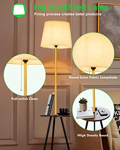 מנורת רצפת מדף, אור קריאה בעמידה עם מדפים לסלון, מנורת מוט מודרנית גבוהה עם צל בד ונורת LED E26, מנורת