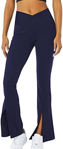 מכנסי יוגה מפוצלים קדמיים לנשים מכנסי טרנינג מוצקה אימון מותניים גבוהים כושר מכנסיים נוחים מכנסיים כחולים