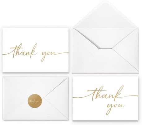 כרטיסי תודה עם מעטפות ומדבקות תואמות / עיצוב רדיד זהב מט - חבילה בתפזורת של 100, 4 על 6 אינץ ' עיצוב מינימליסטי
