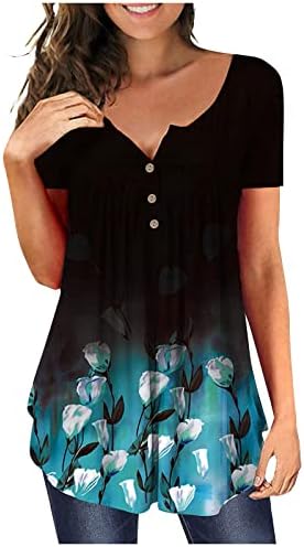 חולצה לנשים 2023 קצר שרוול עגול צוואר כפתור מזדמן חולצות הדפסת בסיסי טוניקת קל משקל חולצות