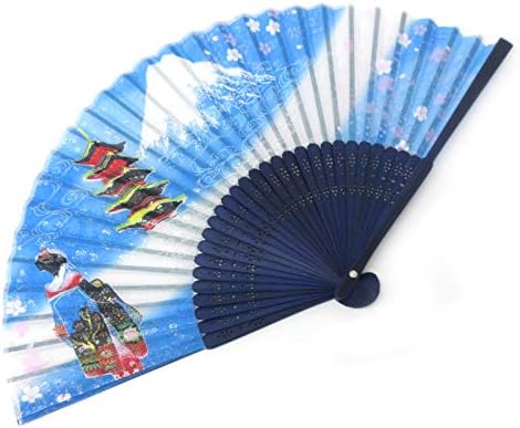 מאוורר קיפול כף יד יפני סנסו עם הר. פוג'י, סאקורה, מאיקו וגוג'ו-לא לעיצוב כחול