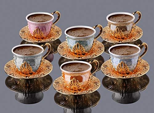 כוסות קפה אספרסו של Lamodahome עם צלוחיות סט של 6, חרסינה חרסינה כוס קפה יוונית ערבית טורקית, כוס קפה לנשים,