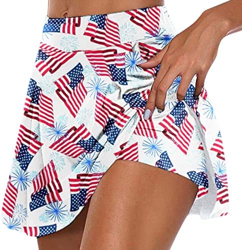 4 ביולי ארהב דגל טניס טניס חצאיות עם מכנסיים קצרים לנשים במותניים גבוהות קפלים גולף זורמים סקורטס 2 ב 1 יוגה