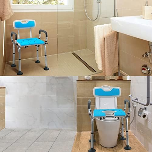 כיסא מקלחת 3 ב-1 עם זרועות וגב, מסגרת בטיחות אסלה מתכווננת, מושב אסלה מוגבה, מושב מקלחת כבד במשקל