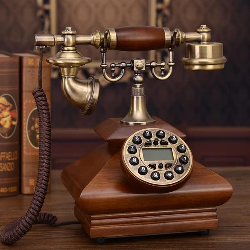 SJYDQ עתיק רטרו טלפון קישוט קווי עץ מוצק, חיוג כפתור עם מזהה מתקשר, שיחות דיבוריות עם תאורה אחורית