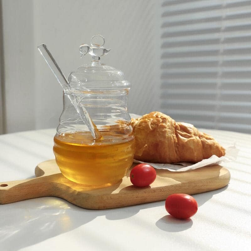 דבש סיר זכוכית דבש צנצנת דבש מתקן סירופ מתקן דבש צנצנת עם מצקת ומכסה כיסוי מתאים לבית מטבח, 10 אונקיות
