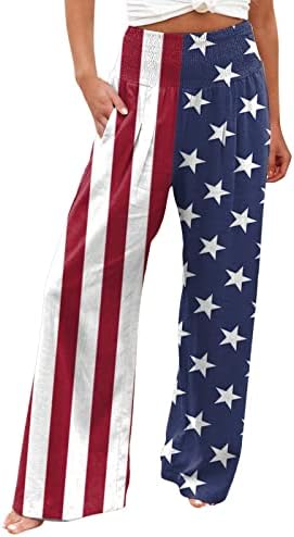 4 ביולי מכנסי רגל רחבים של כותנה כותנה לנשים ארהב דגל רושם מכנסי רגל רחבים אלסטיים עם מכנסי כיס פלאצו מכנסיים
