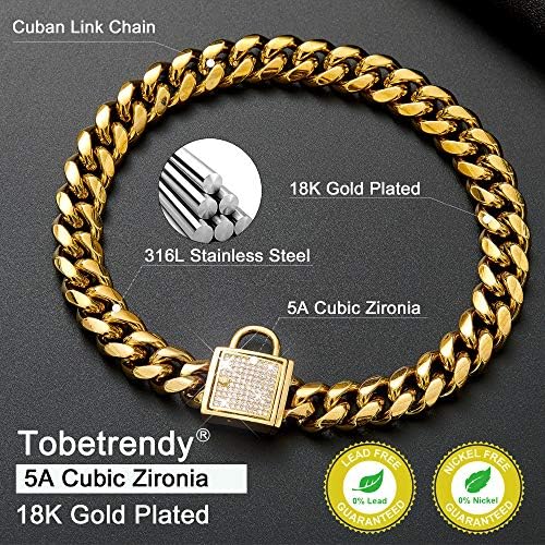 Tobetrendy Cuban קישור צווארון כלבים מעצב שרשרת זהב צווארון עם זירקוניה נעילה 14 ממ צווארון מתכת