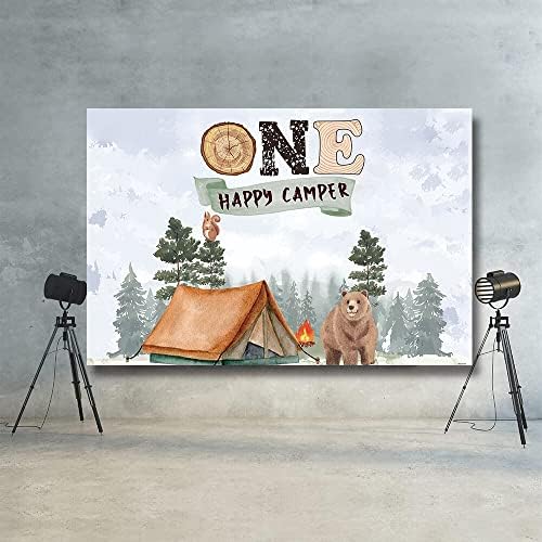 קמפינג רקע אחד חניך שמח רקע יום הולדת אחד לילד פראי אחד באנר הרפתקאות יער אספקת מסיבת יום הולדת 1 דוב אוהל מדורה