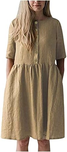 נשים של קצר שרוול כותנה פשתן שמלת קיץ מידי שמלות עם כיסים קפלים רופף נדנדה מזדמן שמלת הברך אורך שמלה