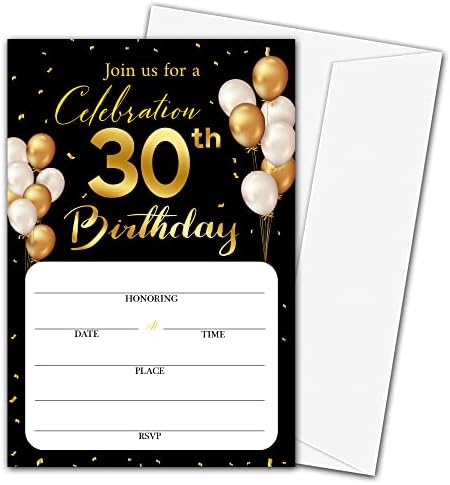 כרטיסי הזמנה ליום הולדת 30 עם מעטפות - נושא זהב קלאסי מילוי את כרטיסי ההזמנה של מסיבת יום הולדת ריקה,