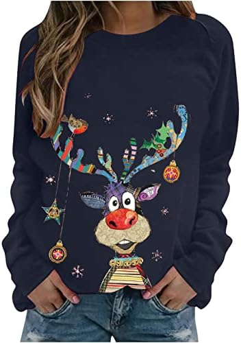 נשים חג המולד איילים איילים חמודים חולצה מודפסת סוודר מזדמן שרוול ארוך רופף סוודרים סווטשירטים סווטשירטים
