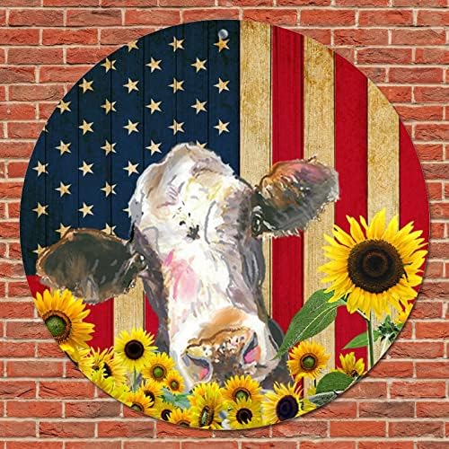שלט מתכת עגולה דגל אמריקאי כפרי ופרות חווה מצחיקות חמניות פרחי וינטג
