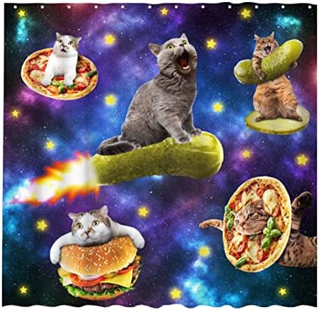 Allenjoy 72 x 72 מצחיק וילון מקלחת חתולים ילדים ילדים חמוד פיצה המבורגר חמוצים צבעוני גלקסי כוכבי אמבטיה
