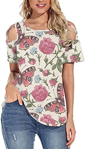 Camiseta Con Estampado de Flores Blusa Manga Corta Con Hombros descubiertos para mujer Camiseta