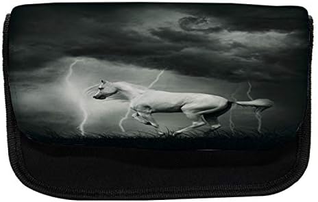מארז עיפרון סוסים לונאנים, סופת רעמים עם עננים, תיק עיפרון עט בד עם רוכסן כפול, 8.5 x 5.5, שחור ולבן