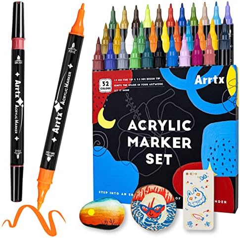 עטים של Arrtx Acrylic צבע, 32 צבעים קצה מברשת וסמני צבע קצה עדינים, סט צבעי מים של Meiliang, 36 צבעים