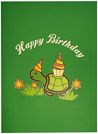 מתנות וכרטיסים צב ייחודי עם קאפקייק יום הולדת 3 ד צצים כרטיס ברכה - חיה מצחיקה, צב, עוגה, נר,