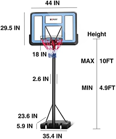 חישוק כדורסל של Seray עם גובה 4.8-10 רגל מתכוונן לילדים/מבוגרים, חישוק כדורסל נייד חיצוני עם לוח