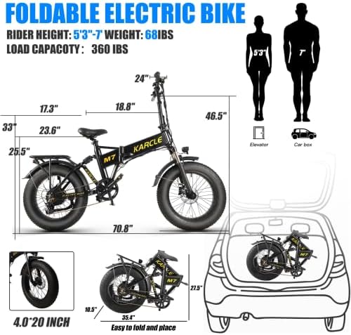 אופניים חשמליים של Karcle M7 למבוגרים 1000W 15AH מתקפל טווח ארוך EBIKE, 20 צמיג שומן אופניים חשמליים עם אזעקת
