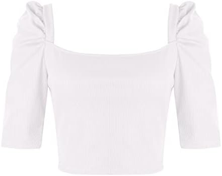 טוניקה דקה טוניקה קצוצה צוואר צוואר מרובע צמרות ריון חולצות טירטס פנס רשת ארוכה שרוול צולעות רגילות
