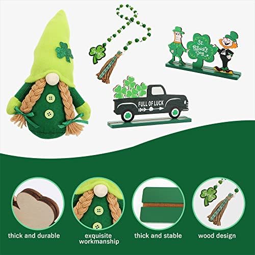 Lyible 4 PCS St. Patrick's Day's Depard Decor Set עם גמדים בובה קטיפה St.Patrick Day מזל שלט עץ